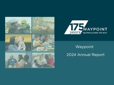 Waypoint 2024 Annual Report cover with photos of families and children, and a 175 years anniversary logo.
