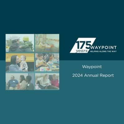 Waypoint 2024 Annual Report cover with photos of people and a 175 years anniversary logo.