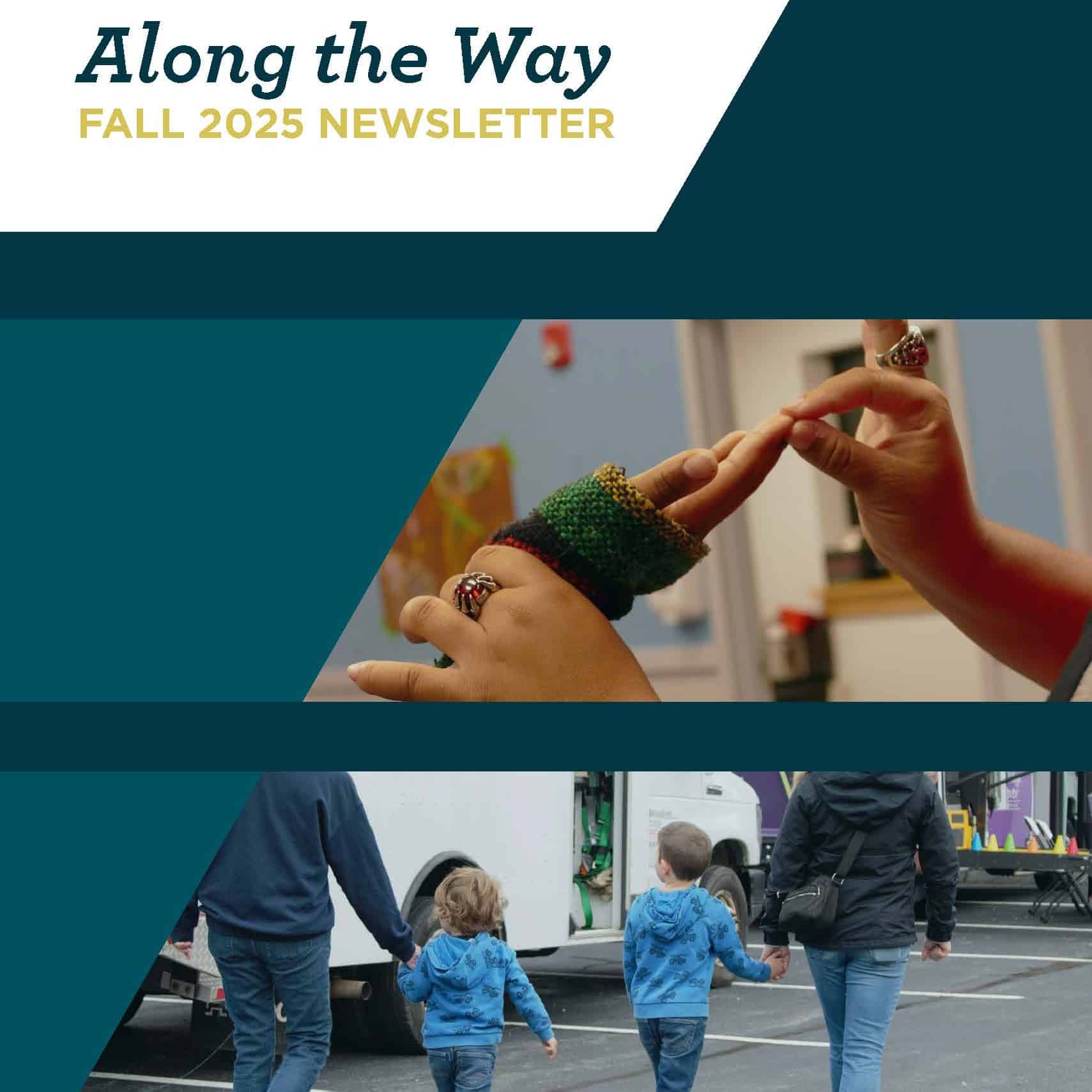 Newsletter title with hands making a sign above, and two adults with two children walking below.