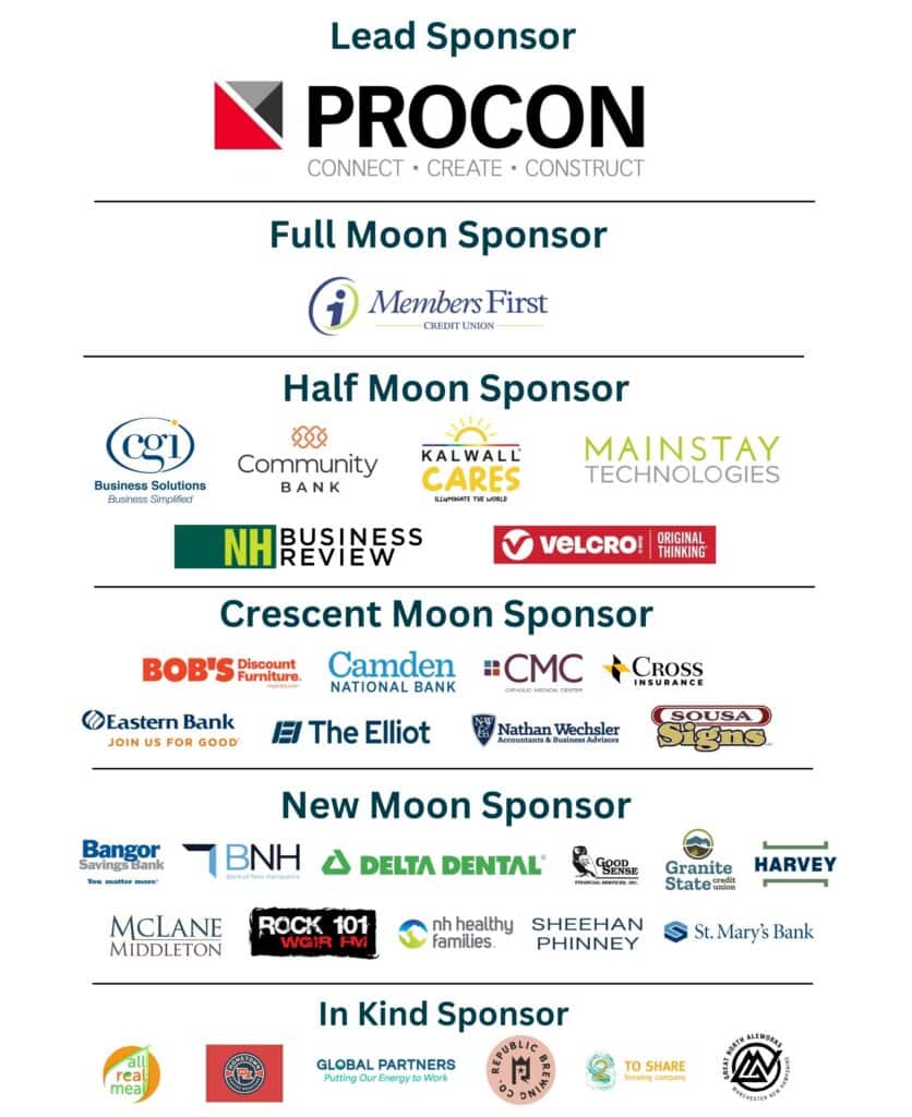 Sponsor logos for an event, organized by level: Lead, Full Moon, Half Moon, Crescent Moon, New Moon, In Kind.