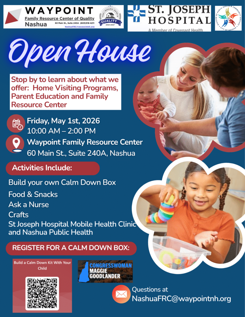Flyer for a family resource open house with event details, logos, activity list, and child-photo collage.
