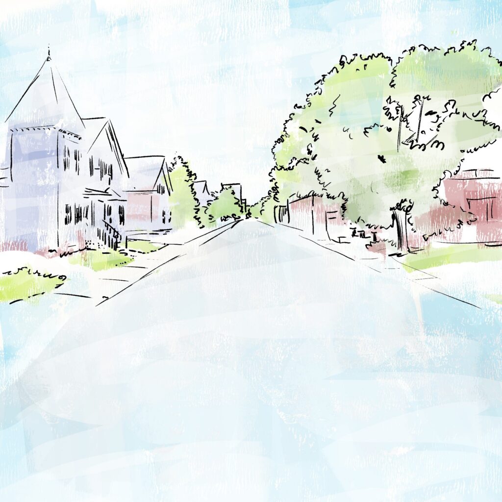 Watercolor-style drawing of a quiet suburban street lined with houses and trees under a bright sky.