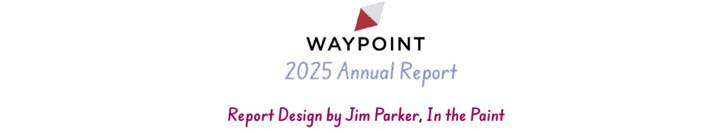 Waypoint 2025 Annual Report title with a red triangle logo above and report design credit to Jim Parker.