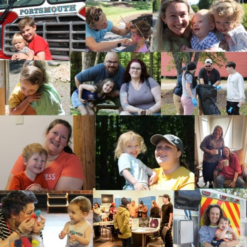 A collage of joyful people and families spending time together, laughing, playing, and engaging in community activities.
