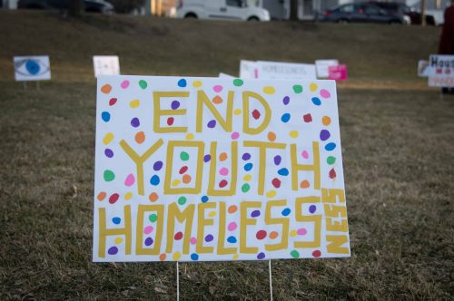 A colorful sign on grass reads End Youth Homelessness with polka dots and other signs in the background.